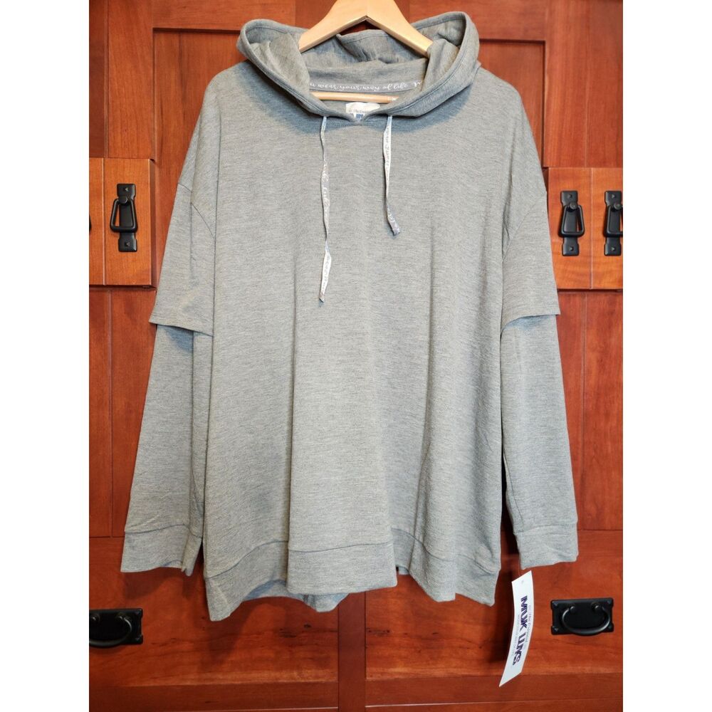 Muk Luks Hooded Pullover Gray w/Faux Undershirt Effect Women's Size 2XL NWT!